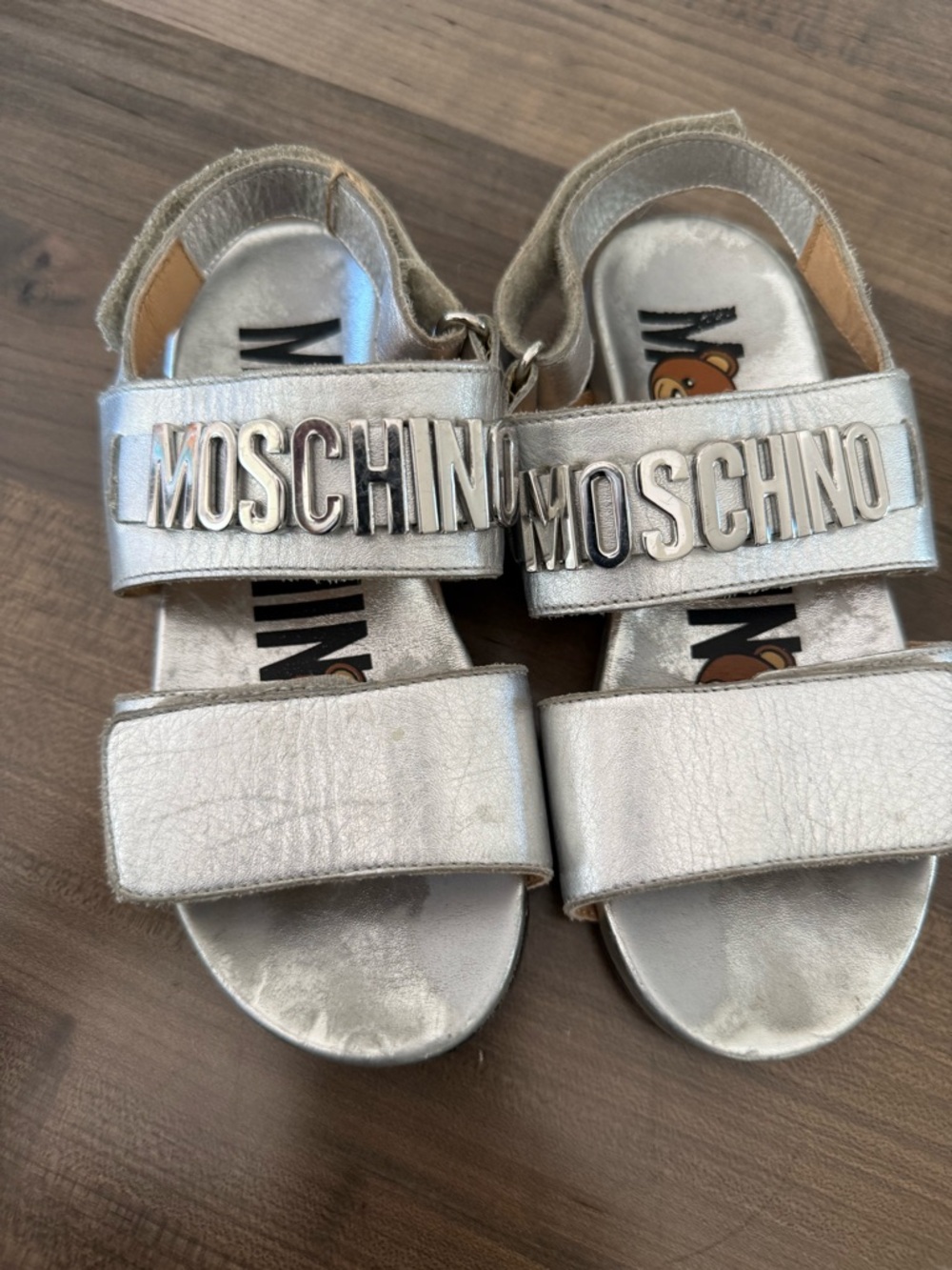 Moschino Kids Metallic Silver Logo Velcro Sandals